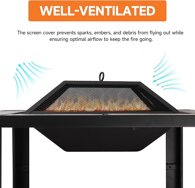 30-Inch Square Fire Pit Table, Wood Burning Fireplace/Firepit with Marble Tile Tabletop, Mesh Lid, Fire Grate, Poker and Nylon Cover