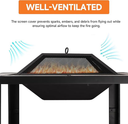 30-Inch Square Fire Pit Table, Wood Burning Fireplace/Firepit with Marble Tile Tabletop, Mesh Lid, Fire Grate, Poker and Nylon Cover