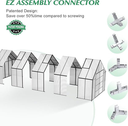 10'x10'x20' Snap-Together Greenhouse - Easy 3-Way Connectors, Heavy-Duty Aluminum Frame, Wind/Snow Resistant for Gardening/Urban Farming, Includes Sliding Door & Ventilation Windows
