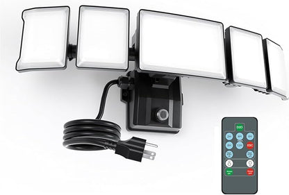 Olafus 120W Plug in Flood Lights Dusk to Dawn LED Outdoor Light with Remote, 5 Adjustable Heads IP65 Waterproof LED Security Light with Photocell for Yard Garden Porch Black