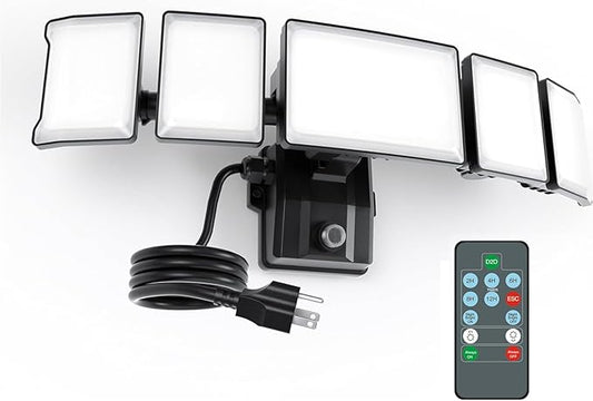 Olafus 120W Plug in Flood Lights Dusk to Dawn LED Outdoor Light with Remote, 5 Adjustable Heads IP65 Waterproof LED Security Light with Photocell for Yard Garden Porch Black
