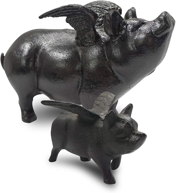 NACH Cast Iron Pig Statue - Black Door Stopper & Paperweight, 9x4x6 inch, JS-90-7131