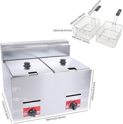 Gas Fryer, 2 * 5.3QT Commercial Large Propane Fryer Table Top Gas Fryer with 2 Baskets & 2 Lids, Stainless Steel Deep Double Cylinder Gas Fryer, Countertop Propane Fryers for Home Kitchen