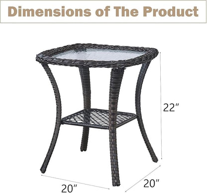 Outdoor Side Table, Brown Rattan Wicker Patio Side Table, Patio End Table, Small Outdoor Side Table with Glass Tabletop and Storage Shelf (Brown)