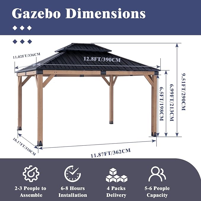 CHARMELEON Hardtop Wood Gazebo 10x12 ft – Cedar Wood Frame Gazebo with Double Metal Roof – Outdoor Wooden Gazebos Pavilion for Patio, Backyard and Deck – Frosted Black Top & Grayish Brown Frame
