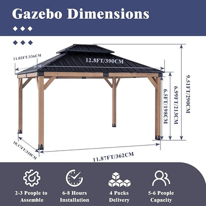 CHARMELEON Hardtop Wood Gazebo 10x12 ft – Cedar Wood Frame Gazebo with Double Metal Roof – Outdoor Wooden Gazebos Pavilion for Patio, Backyard and Deck – Frosted Black Top & Grayish Brown Frame