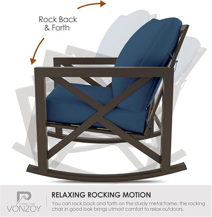 Outdoor Rocking Bistro Set, Patio Rocking Chairs Set of 2 with Coffee Table, 3 Pieces Metal Conversation Sets with 6.5" Thick Cushions for Backyard, Porch, Poolside, Oversized (Blue)