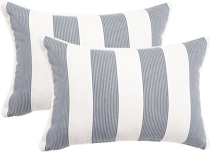 2 Pack Outdoor Throw Pillows 21x15 Inch Water-Resistant Decorative Pillow Cushions with Insert for Patio Garden Porch, Blue Stripe