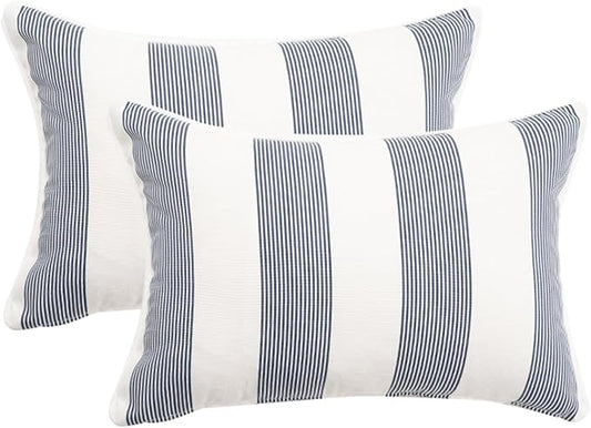 2 Pack Outdoor Throw Pillows 21x15 Inch Water-Resistant Decorative Pillow Cushions with Insert for Patio Garden Porch, Blue Stripe