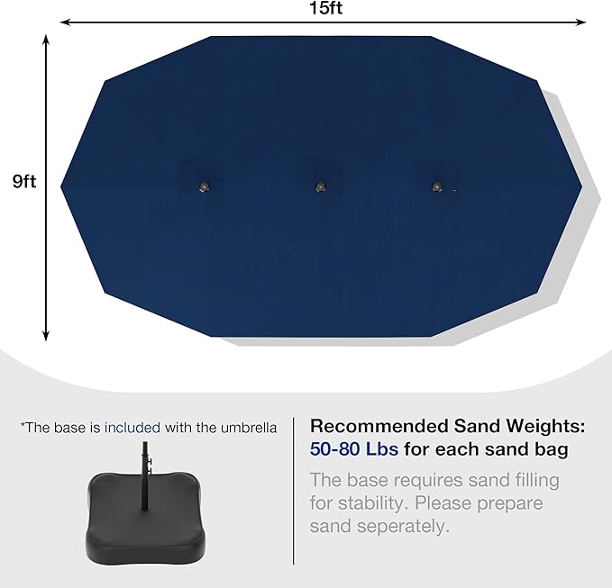 Joyside 15FT Large Patio Umbrella with Base Included, Outdoor Double Sided Umbrella, Rectangle Umbrella with Crank Handle, 12 Sturdy Ribs for Deck, Porch and Pool