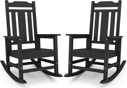 SERWALL Black Outdoor Rocking Chair Set of 2, All Weather Patio Rocking Chair, HDPE Poly Rocking Chair for Adults, Heavy Duty Front Porch Rocker