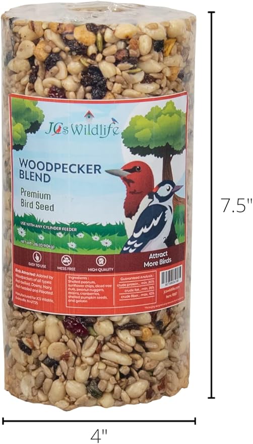 JCs Wildlife Woodpecker Blend Premium Bird Seed 2 lb Small Cylinder with Hole (1 Cylinder)
