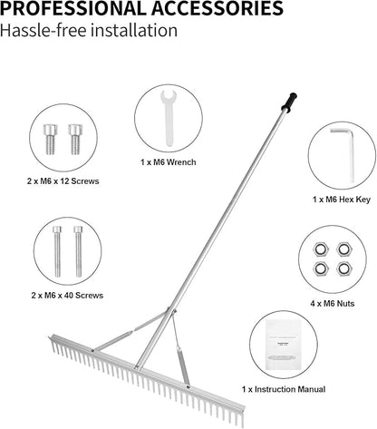 24 inches Head Aluminum Landscape Rake Landscape Rake with 104 inches Long Handle for Loosening Soil Lawn Care Weeding Lake Garden (24" Handle)