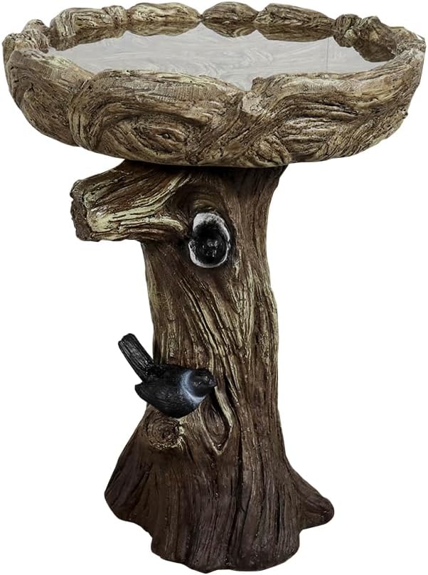watnature 23” Tall Fibre Reinforced Concrete Birdbaths with Birds for Patio, Woodland Tree Trunk Decorative Outdoor Bird Bath for Garden，Pedestal Birdbaths for Outdoors, Garden, Patio, Lawn, Backyard