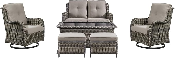 Rilyson 6 Piece Outdoor Patio Furniture Set - Rattan Wicker Patio Conversation Sets with 2 Swivel Rocker Chairs,2 Ottomans,1 Loveseat and 1 Coffee Table for Outside Porch Deck Yard(Mixed Grey/Grey)