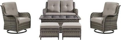 Rilyson 6 Piece Outdoor Patio Furniture Set - Rattan Wicker Patio Conversation Sets with 2 Swivel Rocker Chairs,2 Ottomans,1 Loveseat and 1 Coffee Table for Outside Porch Deck Yard(Mixed Grey/Grey)
