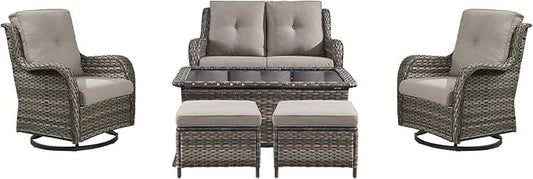 Rilyson 6 Piece Outdoor Patio Furniture Set - Rattan Wicker Patio Conversation Sets with 2 Swivel Rocker Chairs,2 Ottomans,1 Loveseat and 1 Coffee Table for Outside Porch Deck Yard(Mixed Grey/Grey)