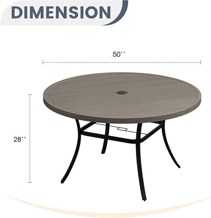 VICLLAX 50" Outdoor Round Patio Dining Table for 4-6, All Weather Metal Dining Table with Umbrella Hole for Deck Lawn Garden Backyard, Grey