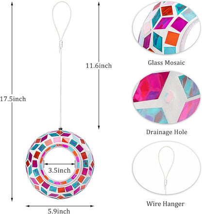 Yinns Glass Bird Feeders Outside, Hanging Mosaic Bird Feeder, Round Shape Fly Through Container Wild Birdfeeder for Garden, Backyard Decor