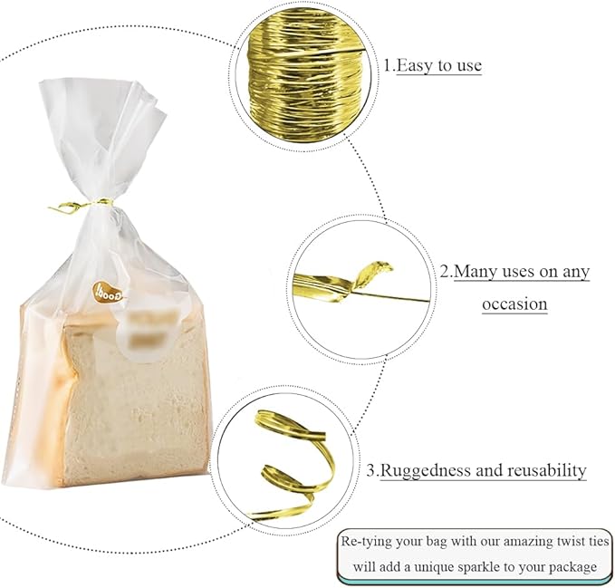 HAHIYO 350Yards/1050Feet/320M Gold Metal Twist Ties for Bread Candy Coffee Plant Garden Cellophane Treat Bags Gift Wrapping Plastic Halloween Party Cake and Craft Projects