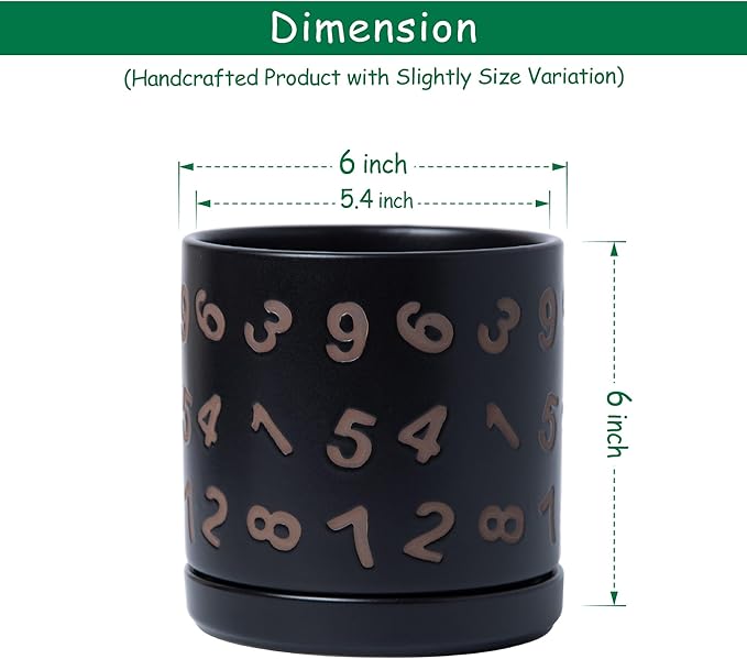 D'vine Dev Set of 2 Ceramic Planter Pots with Drainage Hole and Saucer, 6 Inch Plant Pots for Plants Indoor Houseplants, Black, 99-Z-B-2-Y