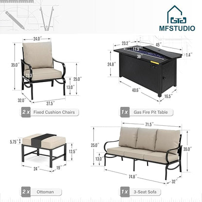 MFSTUDIO 6 Pieces Patio Furniture Sets with 45" Gas Fire Pit Table(Up to 7 Seat),Outdoor Metal Conversation Sofas with 1 x 3-Seat Sofa, 2 Sofa Chairs and 2 Ottoman,Beige Cushion