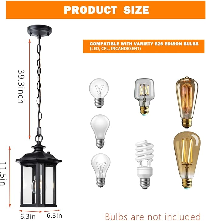 JYZ Dusk to Dawn Outdoor Pendant Lighting, Exterior Hanging Lantern Light Fixture, Classic Black Outdoor Chandelier, Outside Ceiling Mount Hanging Lamp for Porch Hallway Foyer Patio Gazebo Pergola