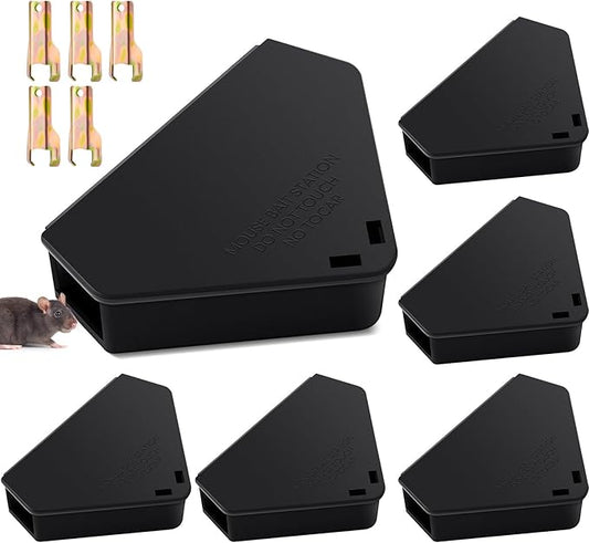 Qualirey 6 Pcs Mice Station with Key Triangle Bait Station Reusable Rodent Trap Bait Box, Keeps Children and Pets Safe Indoor & Outdoor, Bait Not Included, Suitable for Small Mice (Black)