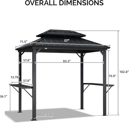 PURPLE LEAF 6' X 8' Hardtop Grill Gazebo for Patio Permanent Aluminum Barbeque Shelter Canopy with Ceiling Hook and Shelves Double Tiered Grey Outdoor BBQ Gazebo