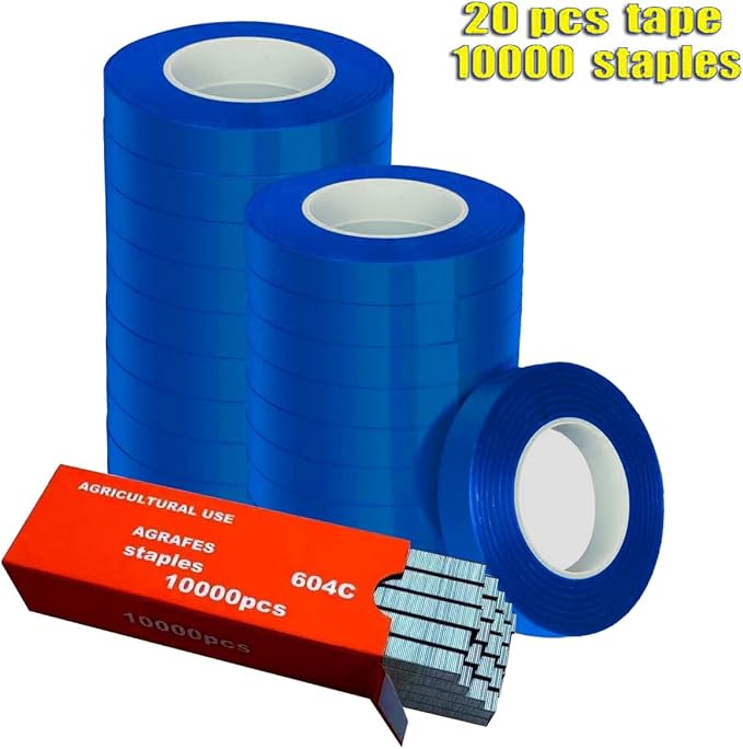 20Rolls of 100 Feet tie Tape and 1 Box of Staple (10000 PCS Staples) for Plant Tying Machine,Plant Tape for Climbing Plants, Grapes, Raspberries, Tomatoes and Vining Vegetables Flowers-Blue