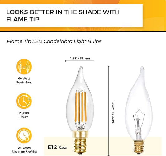 Hizashi LED Candelabra Bulbs 60 watt Equivalent 2700K Soft Warm White, Dimmable Chandelier Light Bulbs, 90+ CRI 6W 550LM, CA11 Flame Tip E12 LED Candle Bulb, UL Listed - 12 Pack