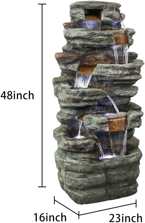 48''H 7-Tier Outdoor Garden Water Fountain Decor, Outdoor Resin Fountain with LED Light for Garden, Floor Patio, Deck, Porch, Backyard and Home Art Decor (48inch)