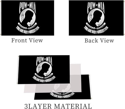 Pow Mia Flag 3x5 Ft Outdoor Heavy Duty Polyester Military Pow FlagsDouble Sided 3 Ply Banner 200D with Durable Canvas Header and 2 Brass Grommets Powmia Banner- You are Not Forgotten War Flags