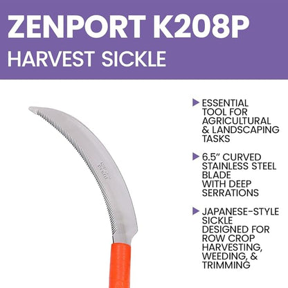 Zenport K208P Harvest Sickle with Plastic Handle, Light Serration, 6.5-Inch Stainless Steel Blade, Orange (3)