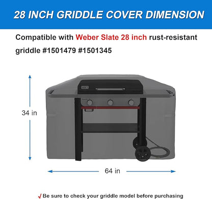 Grill Cover for Weber 28" Slate Rust-Resistant Griddle, Webber 28 in Griddle 3 Burner Flat Top Gas Grill Cover Waterproof Heavy Duty Accessories, Black