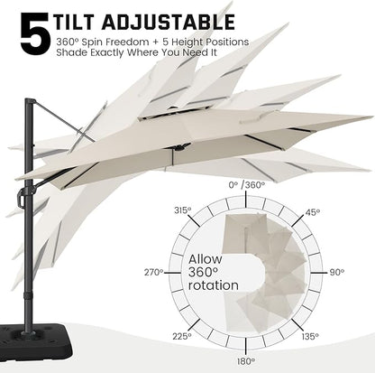Hotime 10ft Cantilever Patio Umbrella Outdoor Heavy Duty Double Top Windproof Aluminum Offset Umbrella with 360°Rotation for Pool Garden Deck, Beige