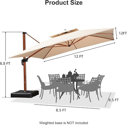 PURPLE LEAF 12ft Patio Umbrella Outdoor Square Umbrellas Large Cantilever Umbrella Windproof Offset Umbrellas Heavy Duty Sun Umbrella for Garden Deck Pool Patio, Beige