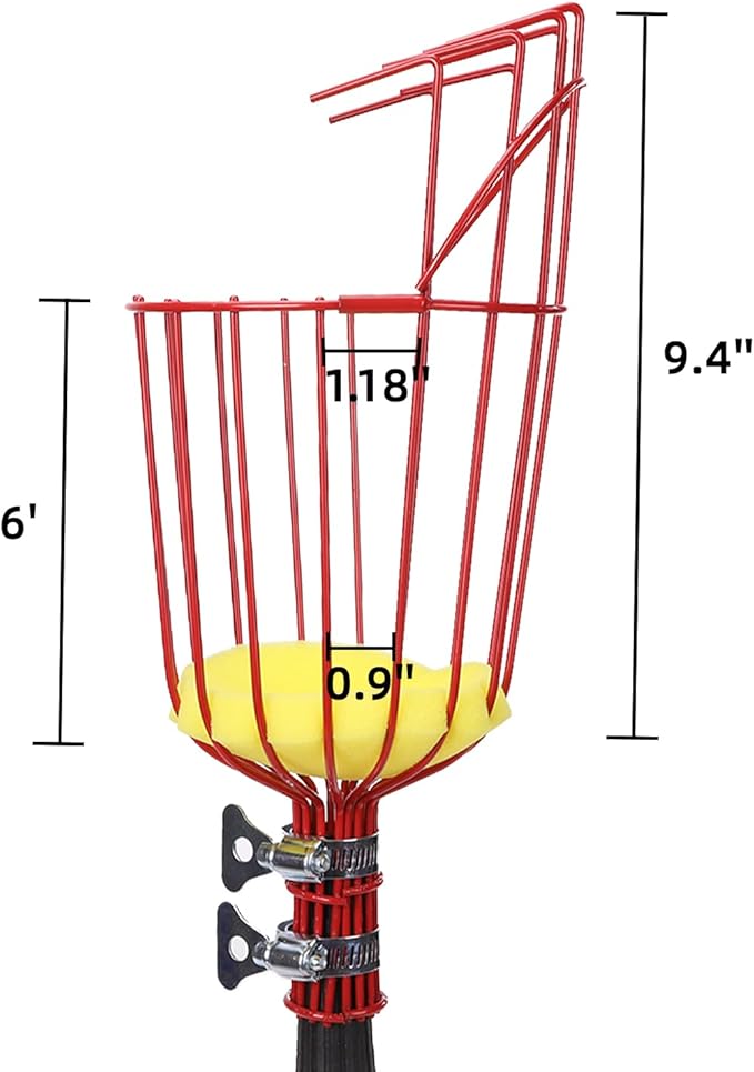 8FT Fruit Picker with Large Basket Telescoping Fruit Picker Pole Foam Padding Prevents Bruising Suitable for Apples Mangoes Pears Oranges Avocados, Red (Pole Included)