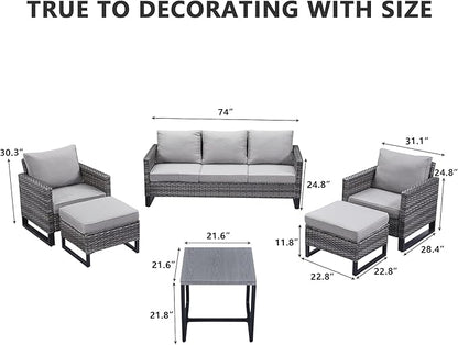 HUMMUH 6 Piece Patio Furniture Outdoor Sectional Sofa Set All-Weather Wicker Outdoor Chairs with End Table Ottomans for Patio,Porch,Garden,Backyard