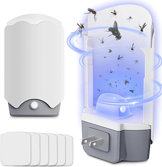 Fly Trap Indoor, 2 Plug-in Fly Catchers with 6 Refill Glue Boards, Fruit Fly & Gnat Killer, Indoor Bug Trap for Mosquitoes, House Flies, Moths & Other Flying Insects