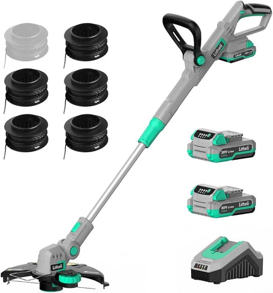 Litheli 20V 12 Inch Cordless String Trimmer/Edger, 2 X 2.0Ah Battery Powered Weed Eater with Auto-Feed for Lawn Trimming/Edging, with 6 Pcs Grass Cutter Spool Line, Fast Charger Included