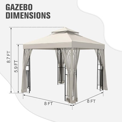 COOS BAY 8x8 Outdoor Patio Gazebo with Netting and Corner Shelves, Two-Tier Soft Top Canopy for Backyard, Lawn, Deck and Garden, Beige