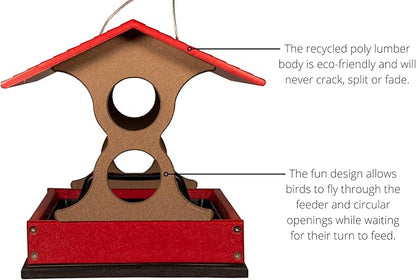 JCS Wildlife Medium Poly Fly-Thru Bird Feeder w/Removable Seed Tray - Holds 4 Cups of Bird Seed to Attract Cardinals, Chickadees, and More Backyard Birds (Red and Tan)