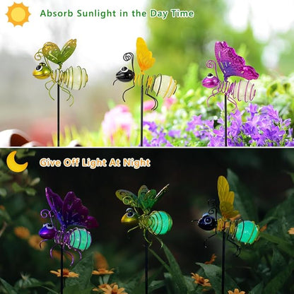 Garden Decor for Outside,3 Pcs Insect Garden Decorative Stakes,Glow in The Dark Bee Metal Yard Art,Waterproof Outdoor Spring Lawn Patio Pathway Decoration for Mom,Women,Grandma