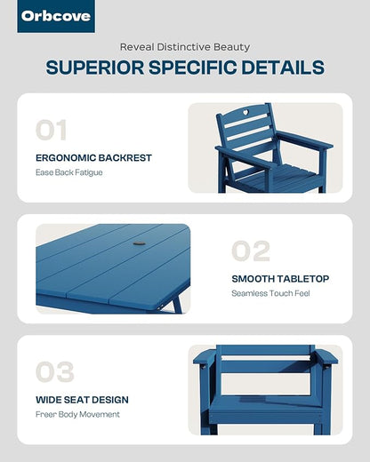 Patio Table and Chairs Set with Umbrella Hole, HDPE Patio Dining Set for 4, Outdoor Dining Set for Lawn, Patio, Porch, Deck, Poolside, Yard (Classic Blue, 5-Piece)