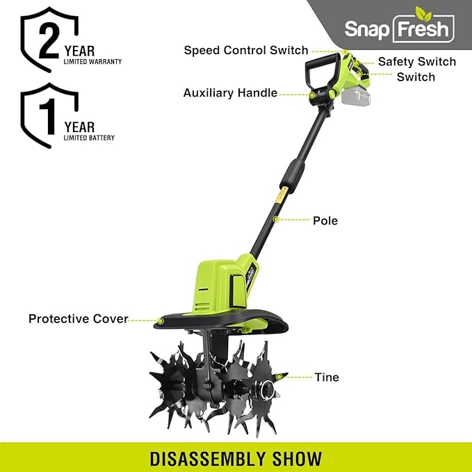SnapFresh Cordless Tiller Cultivator, 20V Electric Garden Tiller with 4.0AH Battery and Fast Charger, 300 PRM Battery Powered Rototiller, 9" Width 6.6" Depth, 3 Speed Handheld Tiller with Steel Tines