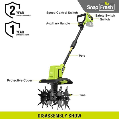 SnapFresh Cordless Tiller Cultivator, 20V Electric Garden Tiller with 4.0AH Battery and Fast Charger, 300 PRM Battery Powered Rototiller, 9" Width 6.6" Depth, 3 Speed Handheld Tiller with Steel Tines