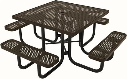 COATEDOUTDOORFURNITURE Heavy-Duty Portable Outdoor Picnic Table with Umbrella Hole, Punched Steel Commercial-Grade Patio Dining Furniture Made in America (46" Square Top, Textured Brown)