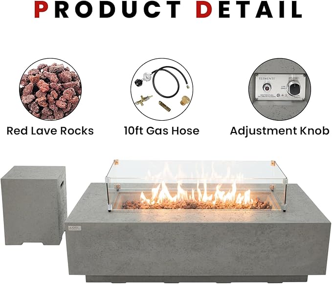 AMS Creations | Madison 60" Bundle Rectangular Propane Gas Outdoor Fire Pit Table | Light Gray Concrete GFRC | Limestone Texture or Surface | Electronic Ignition | Outside Backyard Fireplace