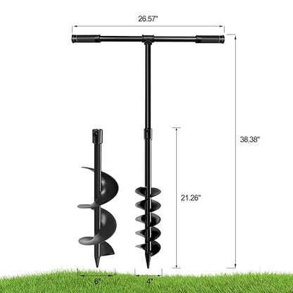 Heavy-Duty T-Shaped Hand Drill Auger Post Hole Digger with Non-Slip Handle - 4" & 6" x 38" Spiral Drill Bit for Planting Bulbs, Trees, Fences, Umbrella Holes in Garden & Soft Soil